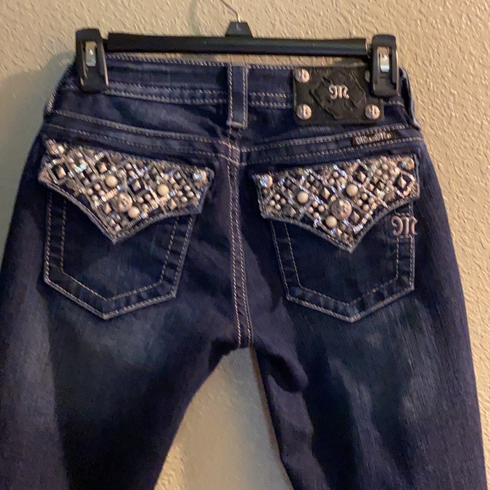 Miss Me Dark Blue Boot Cut Jeans with Embellished Pockets